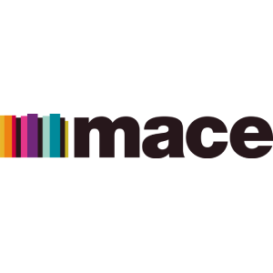 Mace logo with multicolored vertical bars and dark brown lowercase text on white background