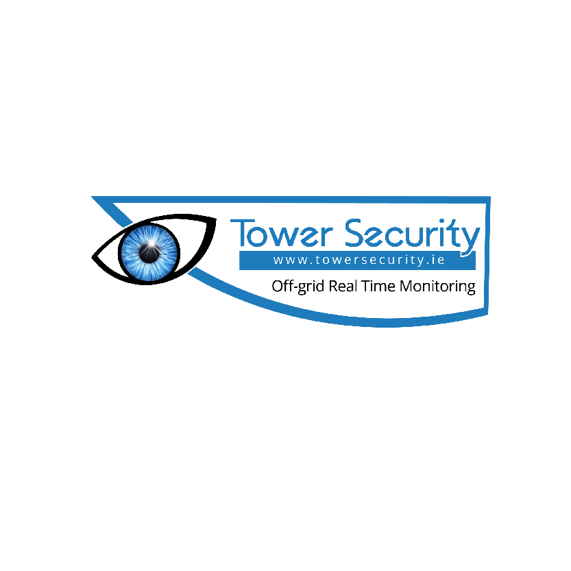 Tower Security logo with blue eye graphic and text for low-cost security and real-time monitoring