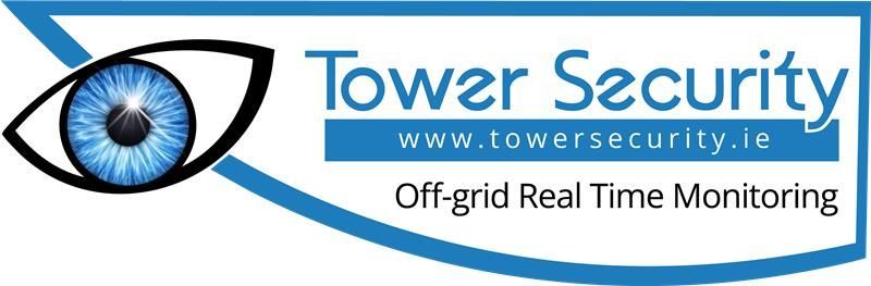 Tower Security logo with blue eye icon and text “Off-grid Real Time Monitoring” on a white background