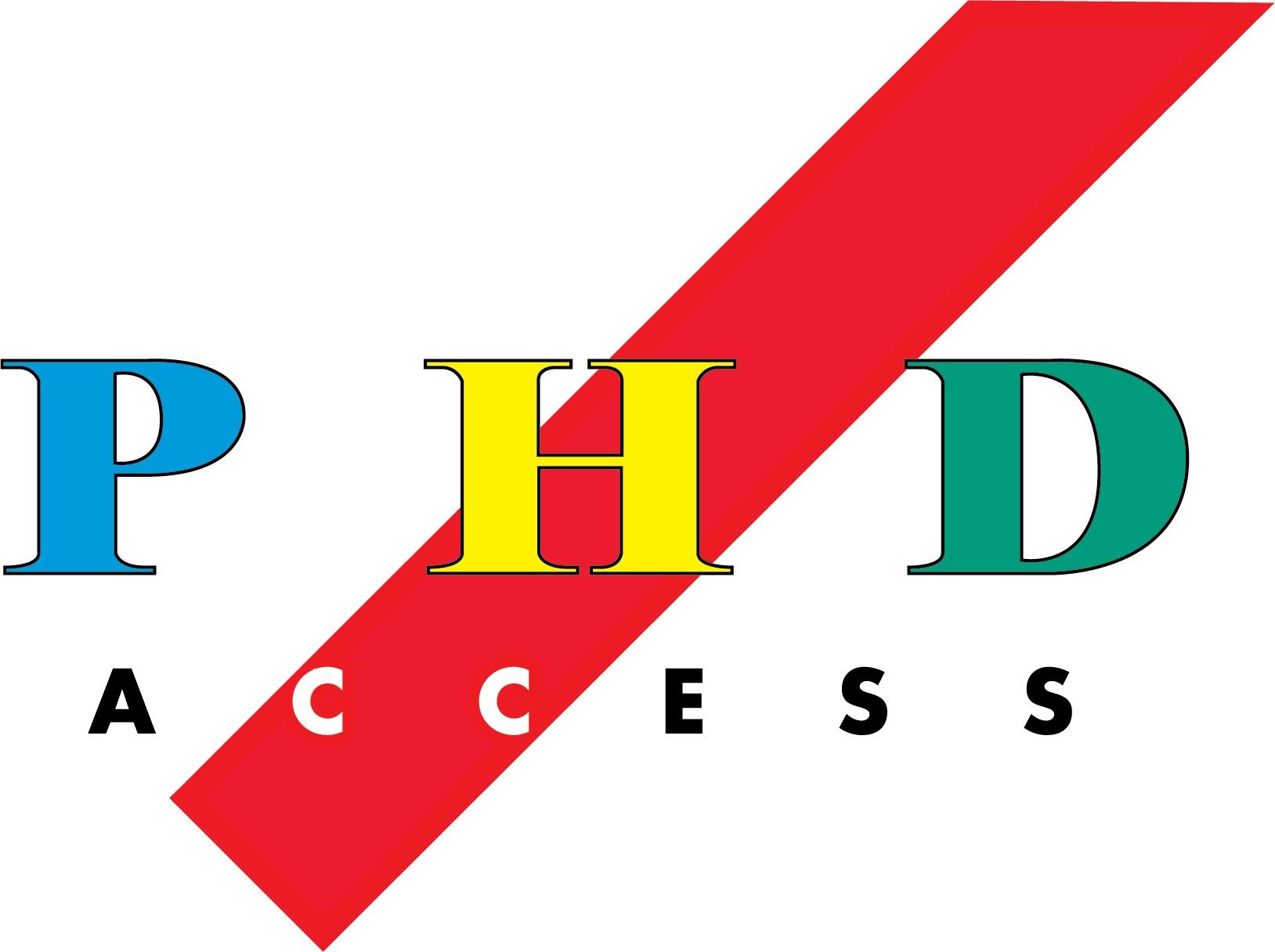 PHD Access logo with blue, yellow, and green letters over a red diagonal stripe