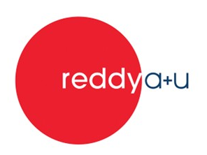 Red circle logo with white “reddy” and blue “a+u” text on a white background