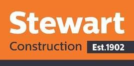 Stewart Construction logo in white and black on orange, with Est. 1902 badge