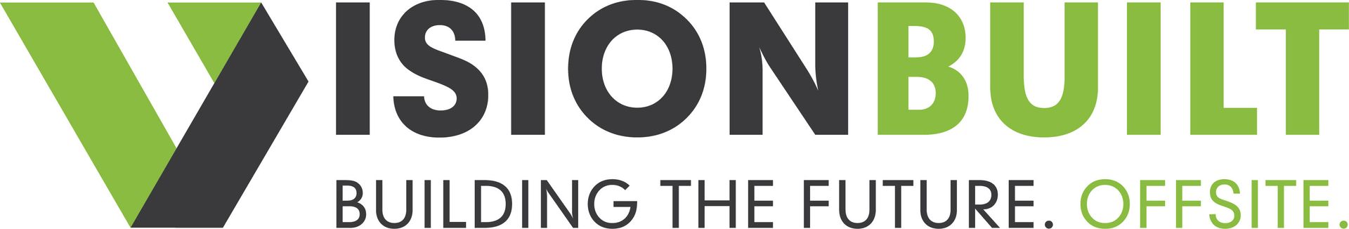 VISIONBUILT logo with green and gray geometric V mark and tagline “BUILDING THE FUTURE. OFFSITE.”