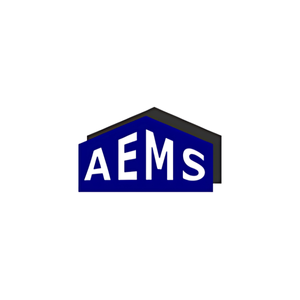 AEMS logo in white letters on a blue and gray house-shaped badge