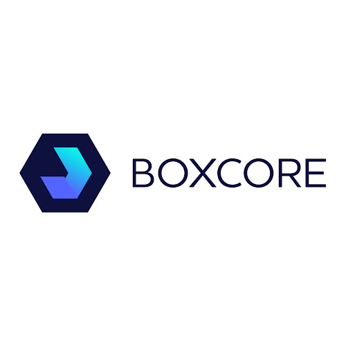 BOXCORE logo with a blue-purple hexagon icon on a white background