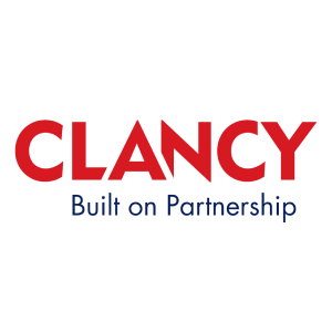 Clancy logo in red with the blue tagline “Built on Partnership”