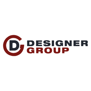 Designer Group logo with a red “D” emblem and black-and-red text on a white background