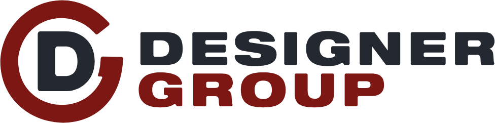 Designer Group logo with a black and red circular “D” icon and bold text on a white background
