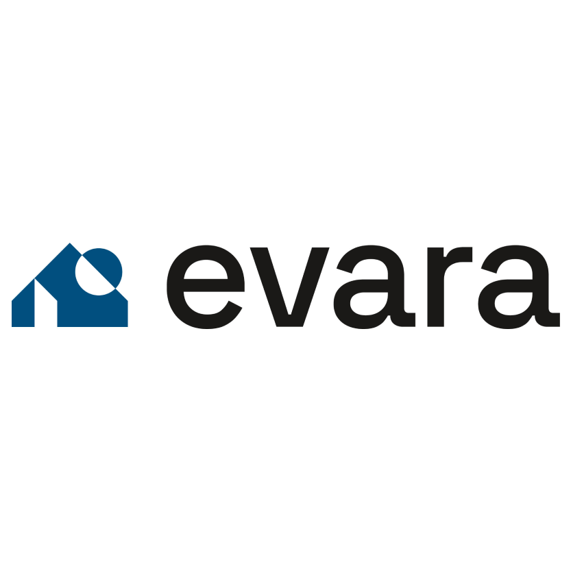 Blue house-shaped logo next to the word “evara” in black text