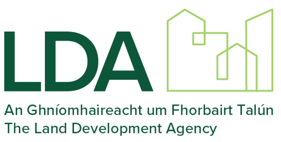 The Land Development Agency logo with green “LDA” text and line-art buildings, plus Irish and English agency name text