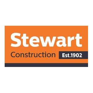 Stewart Construction logo on orange background with “Est. 1902” banner