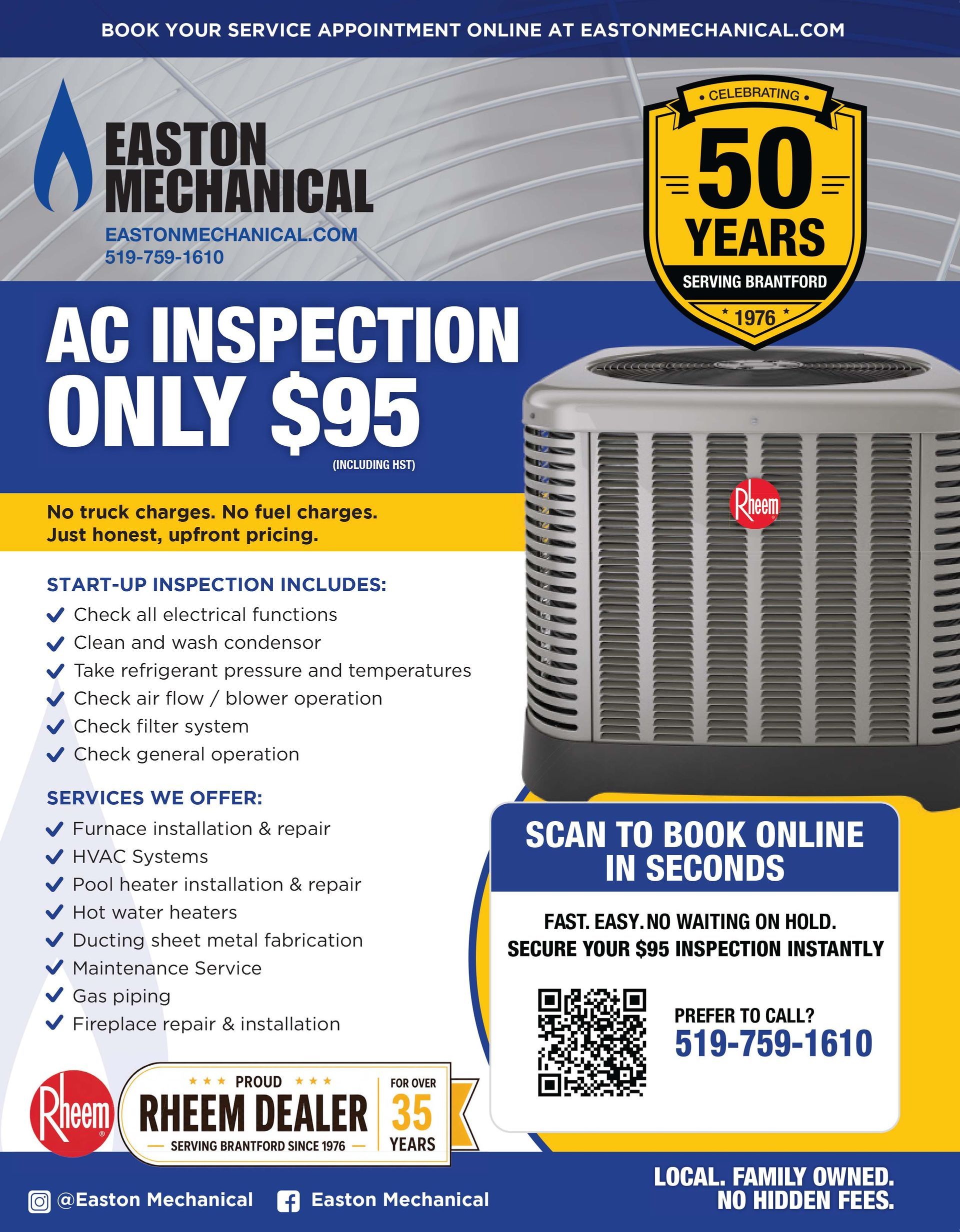 Easton Mechanical ad: AC inspection only $95 with silver air conditioner and “50 years” badge.