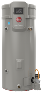 A rheem water heater is sitting on a white surface