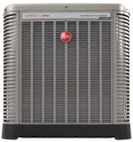 A rheem air conditioner is sitting on a white surface.