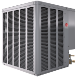 A gray air conditioner is sitting on a white surface.