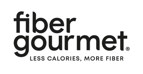 Fiber Gourmet logo: Black text with "fiber gourmet" and tagline "LESS CALORIES, MORE FIBER".