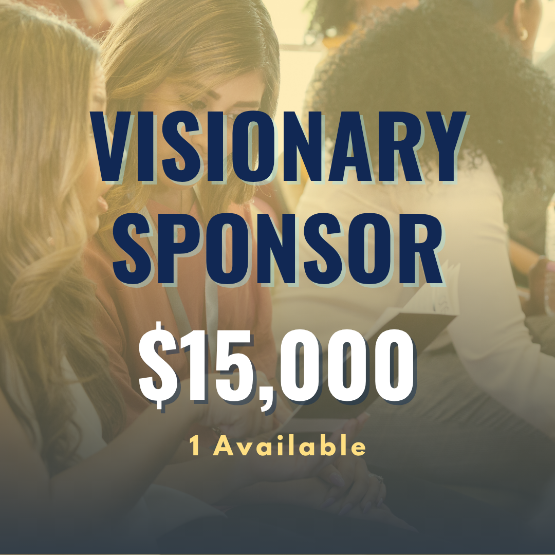 Visionary sponsor sign with $15,000 and “1 Available” over a blurred crowd background