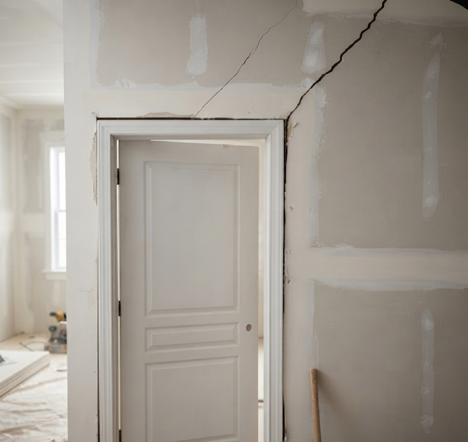 White interior door in a wall with visible drywall patches and a large crack near the ceiling.