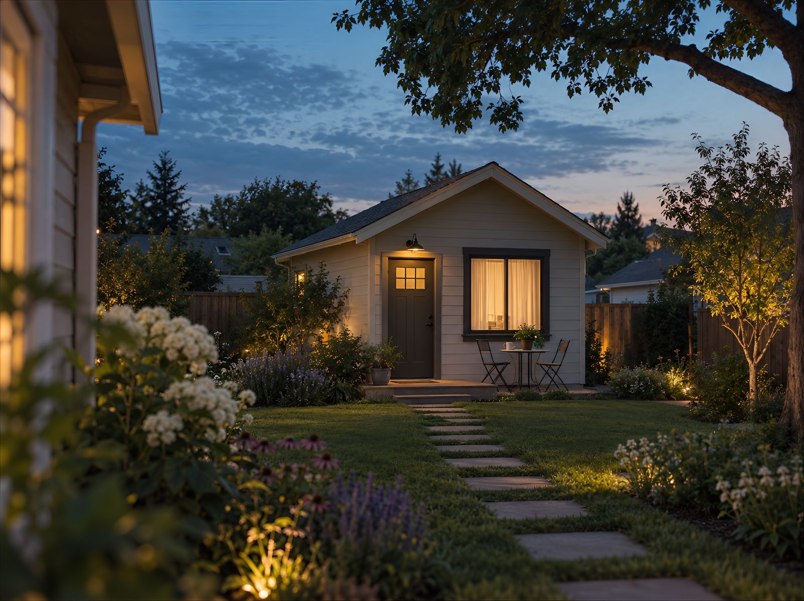 Cozy garden cottage at dusk with warm lights, a lit window, and a stone path through the yard