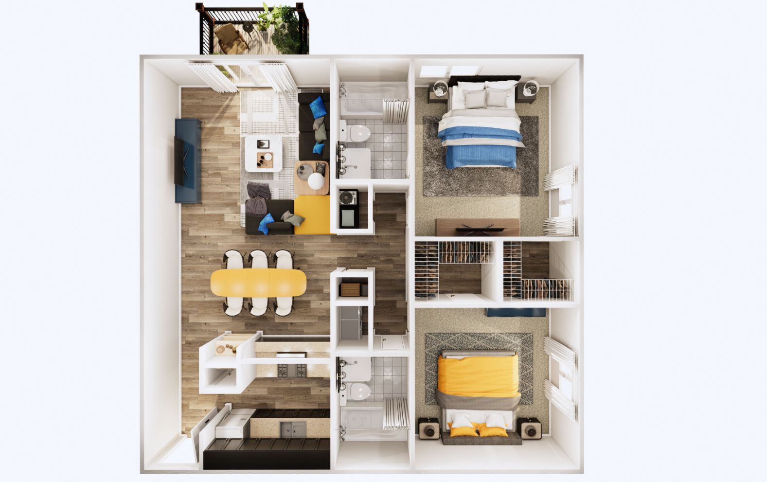 a 3d floor plan of a house with a balcony