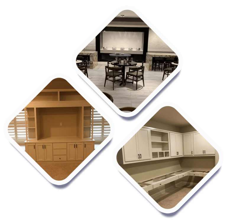 Collage of three modern kitchen and dining spaces with wood, white, and beige cabinetry.