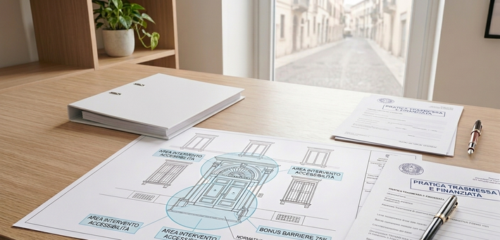 Una scrivania con progetti architettonici, un raccoglitore e una penna. Una scena di strada visibile attraverso la finestra.