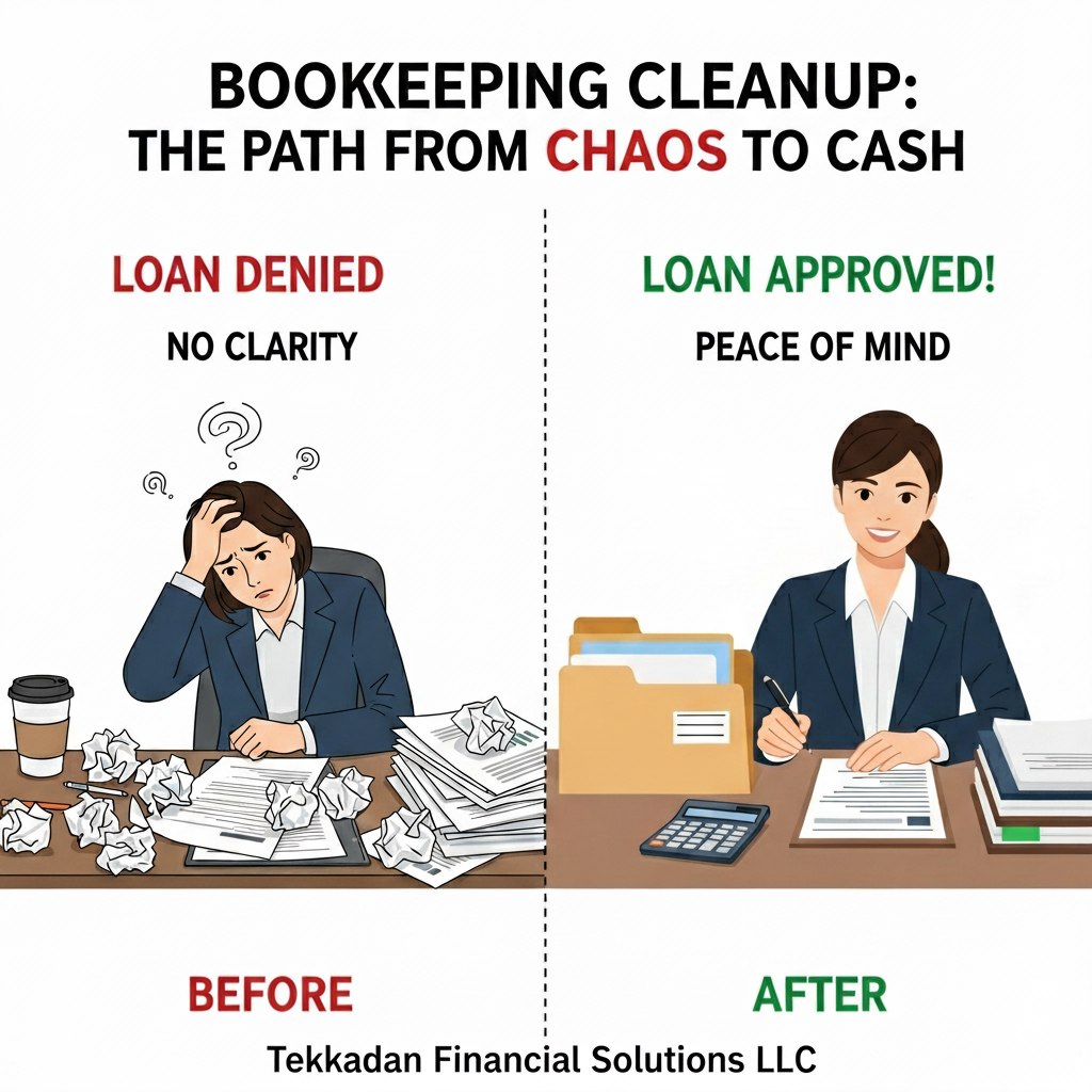 Infographic illustrating the benefits of bookkeeping cleanup, showing a
