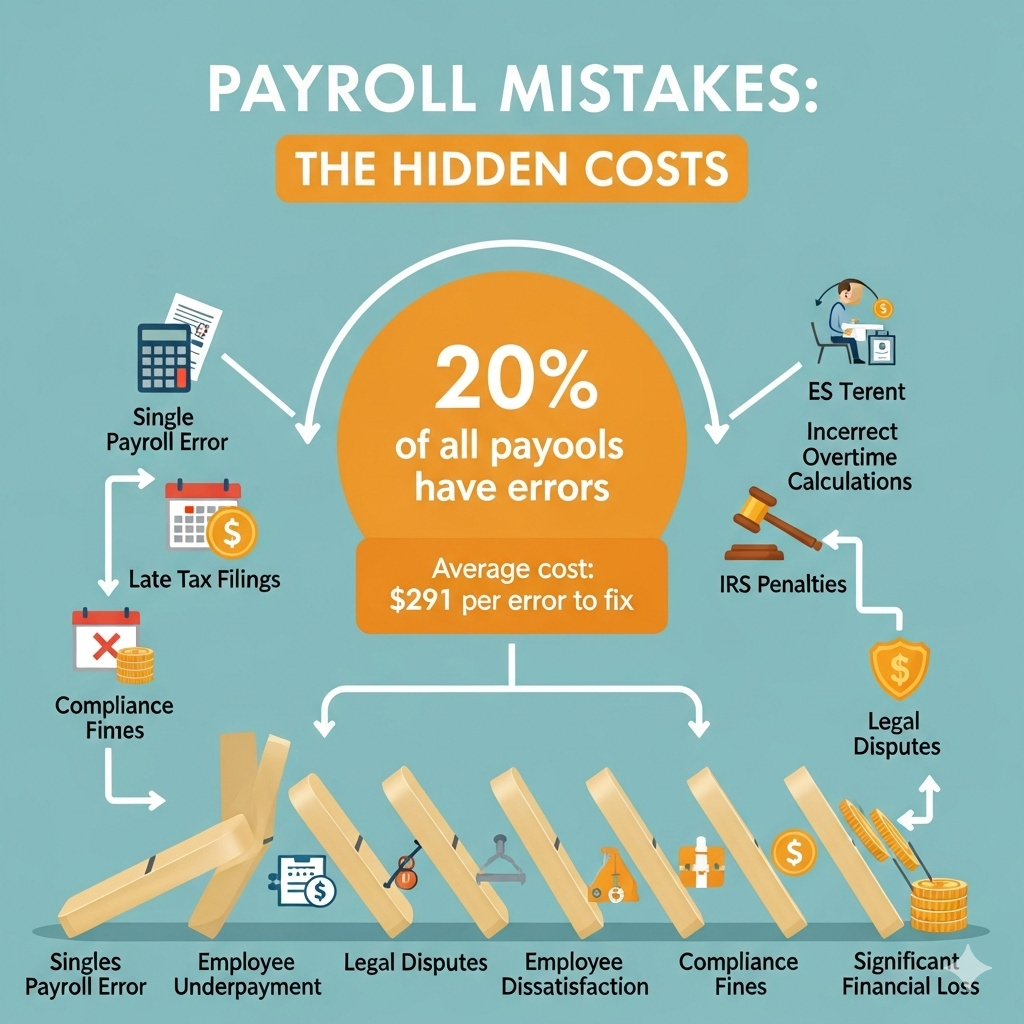 Infographic showing the domino effect of payroll errors, highlighting that 20% of payrolls have errors that cost an average of $291 to fix.