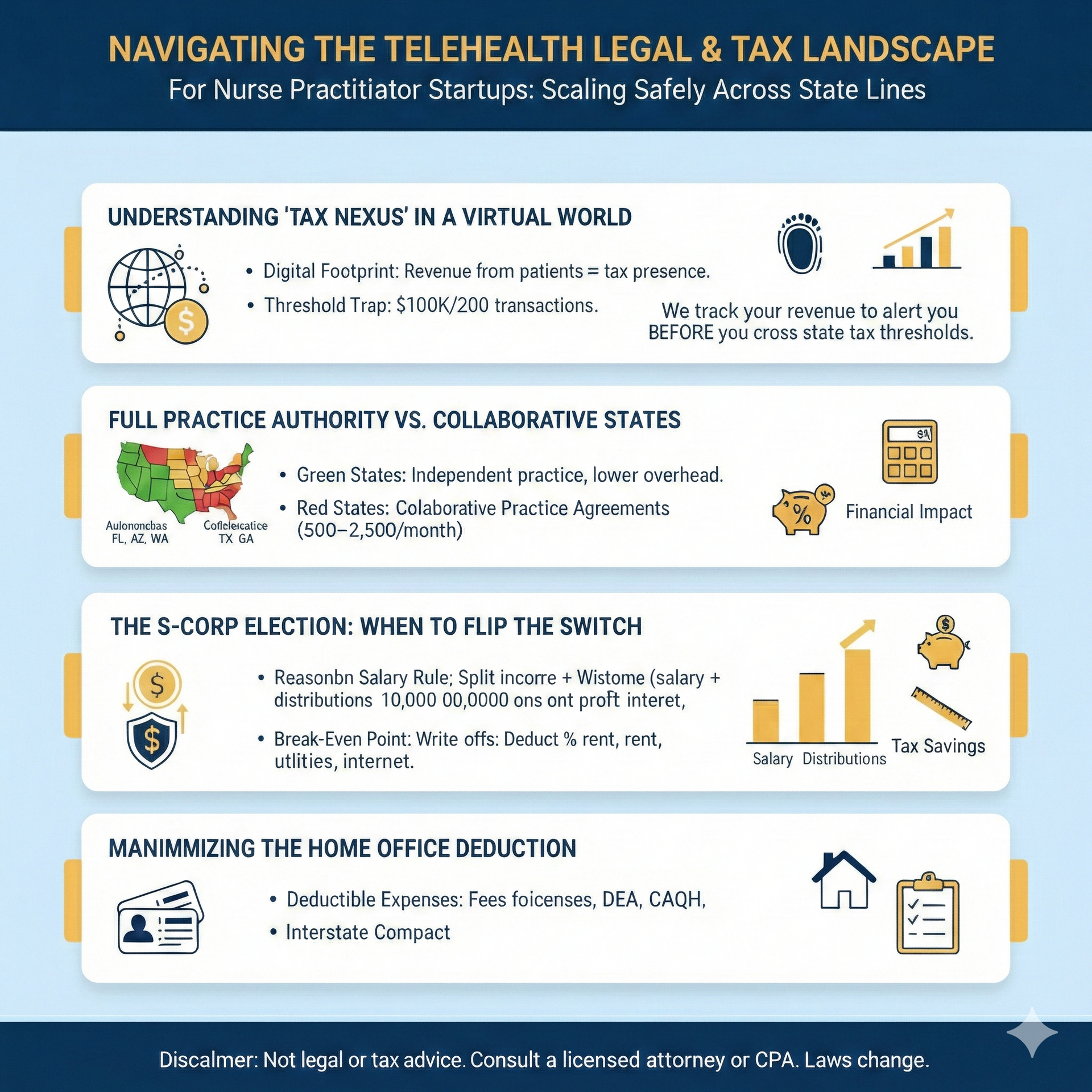 Infographic for Nurse Practitioners on navigating telehealth legal and tax landscapes, covering Economic Nexus, Full Practice Authority vs. Collaborative states, S-Corp elections, and home office deductions.