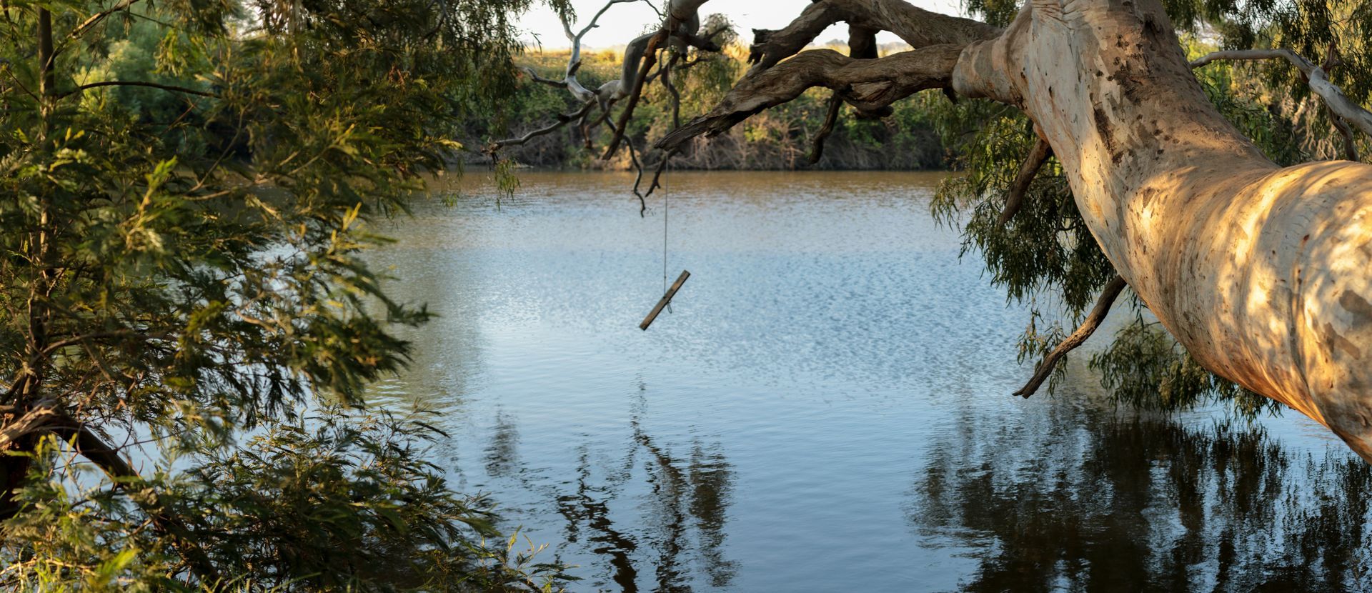 A person is hanging from a rope in the water.