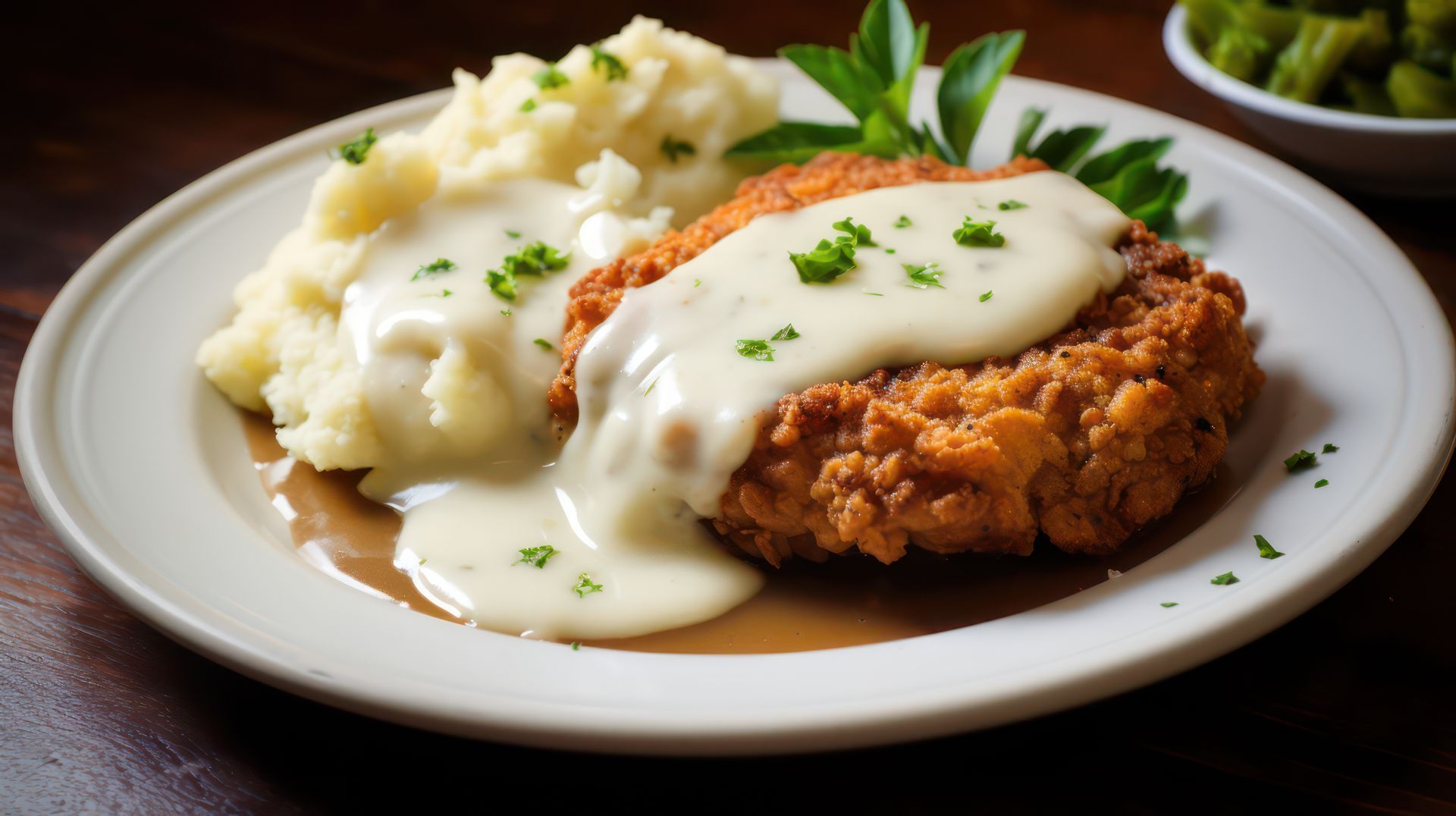 A white plate topped with fried chicken mashed potatoes and gravy.