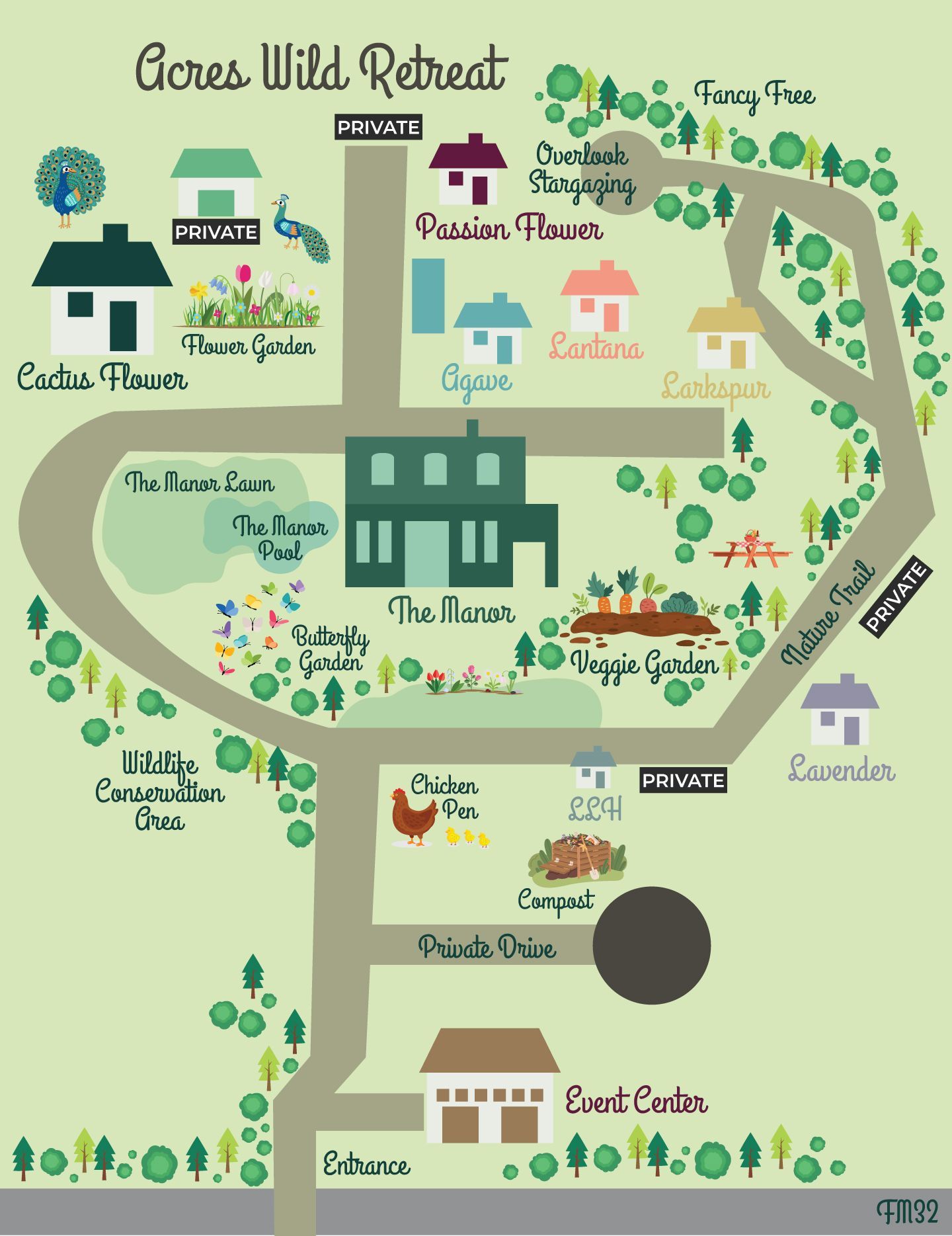 A map of the acres wild retreat with houses and trees