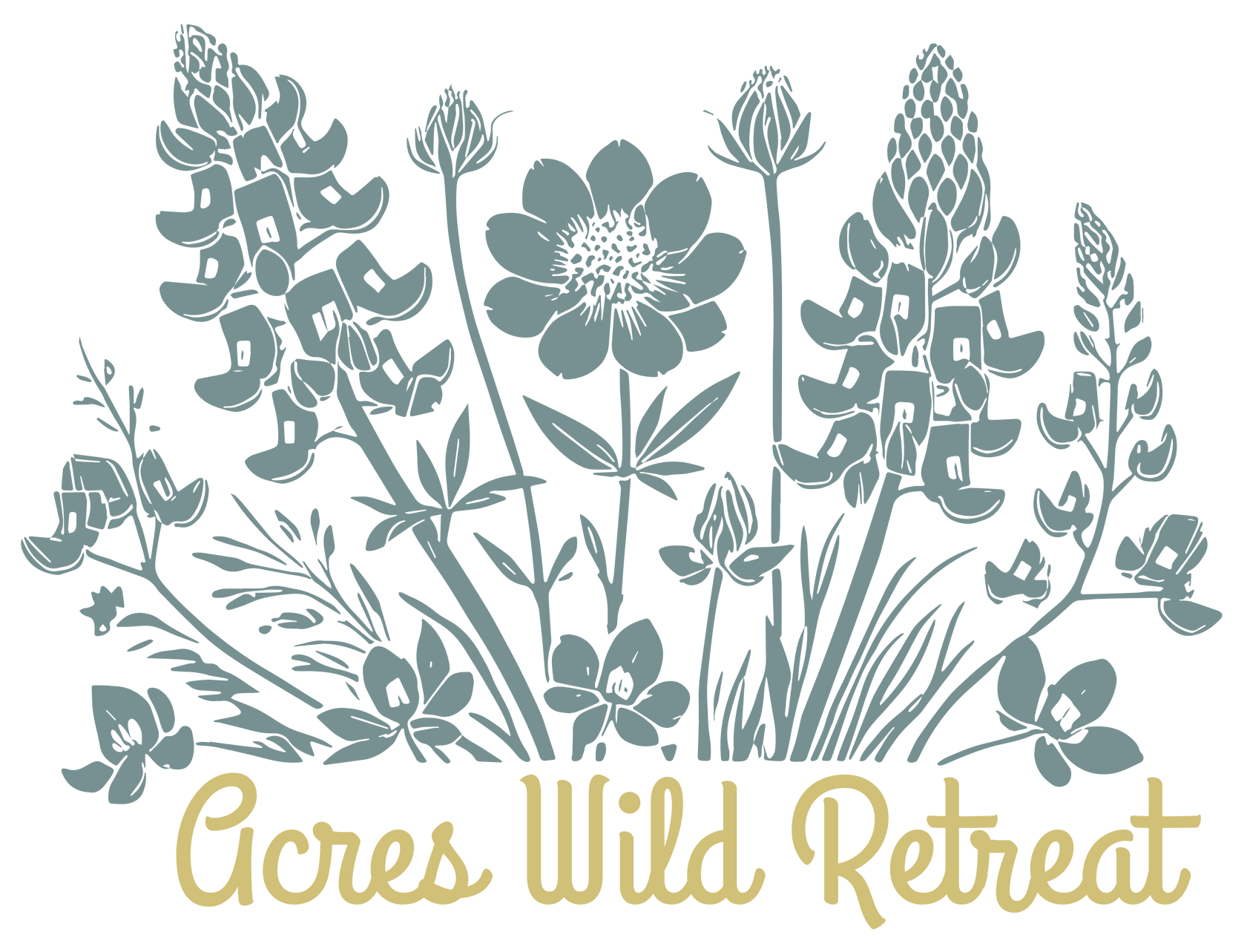 The logo for acres wild retreat shows a bunch of flowers and grass.