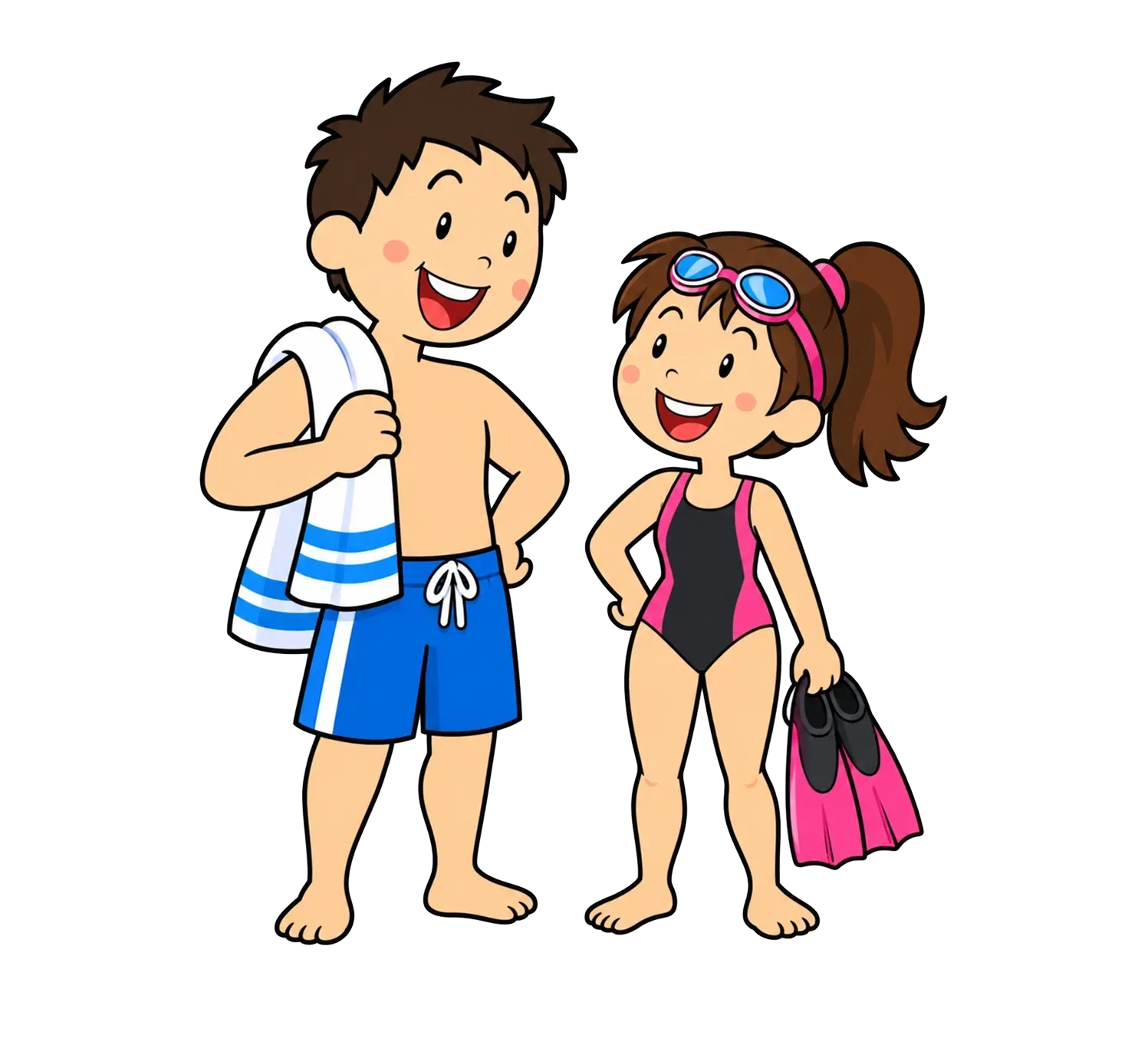 Two smiling children in swimsuits at the beach, one holding a towel and the other a bag and goggles.