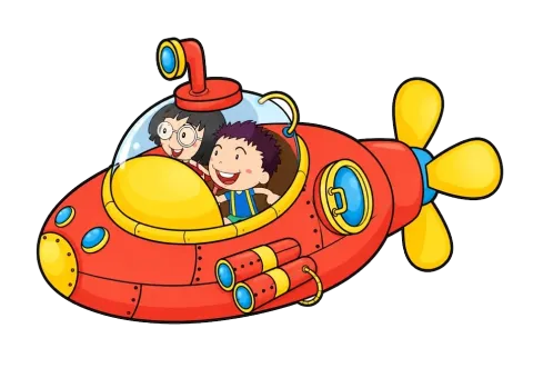 Two smiling children in a red cartoon submarine with yellow propeller and portholes