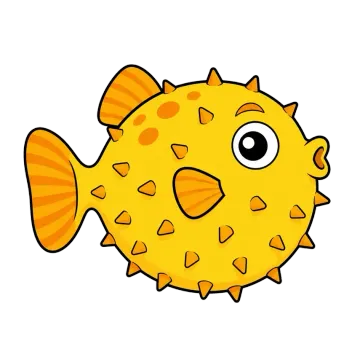 Cartoon yellow pufferfish with orange spots, spines, and a large eye on a white background