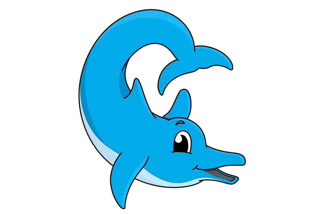 Blue cartoon dolphin logo on a white background, smiling and leaping.