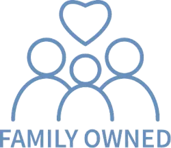 Blue outline of family figures with heart above and “FAMILY OWNED” text underneath