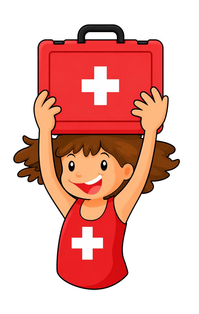 Child holding a red first aid kit above their head, wearing a red shirt with a white cross