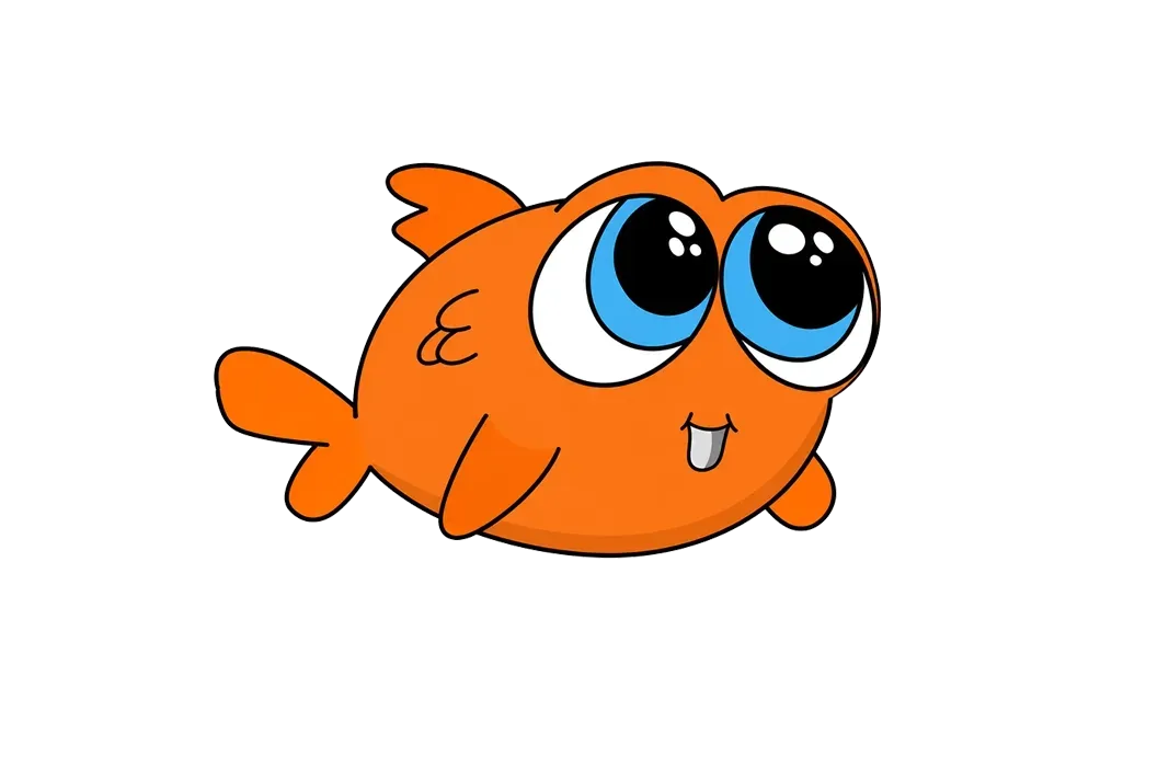 Orange cartoon fish with large blue eyes on a white background