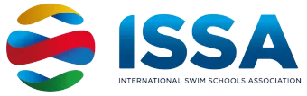 ISSA logo with colorful abstract swimmer icon and blue “ISSA” text, International Swim Schools Association