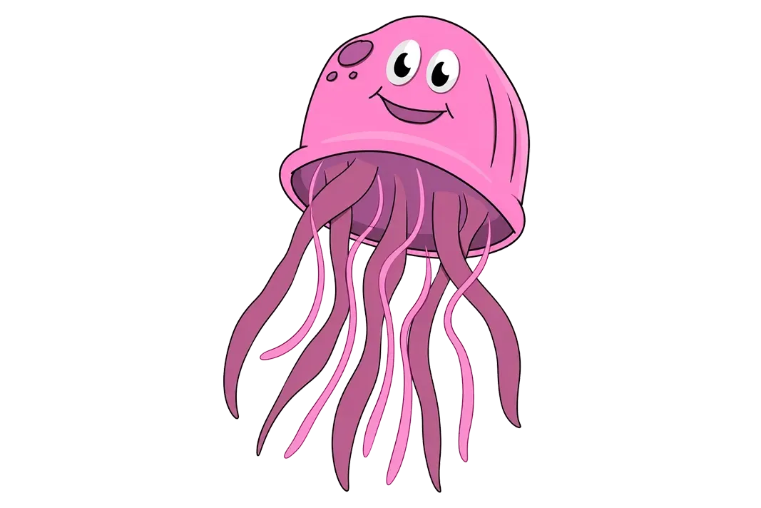 Pink cartoon jellyfish with a smiling face and long tentacles on a white background