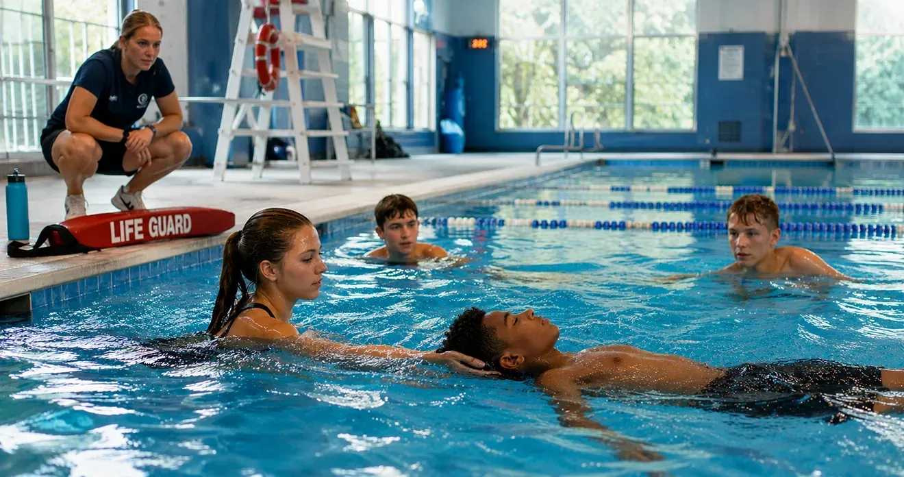 Coach watching swimmers practice in an indoor pool, with one person floating face-up in the foreground.