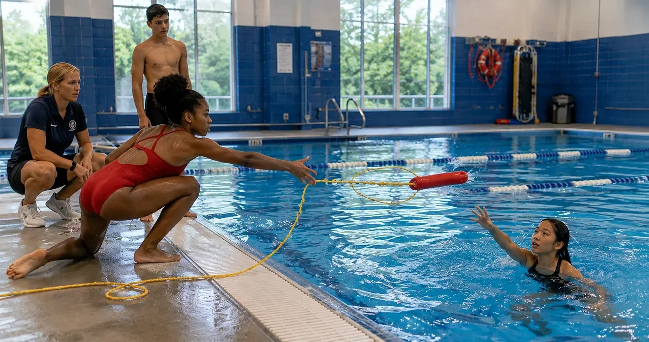 Pool rescue training with a lifeguard reaching toward a swimmer using a red rescue float