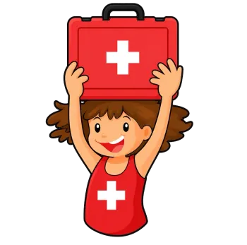 Cartoon child holding a red first aid kit overhead, wearing a red shirt with a white cross.