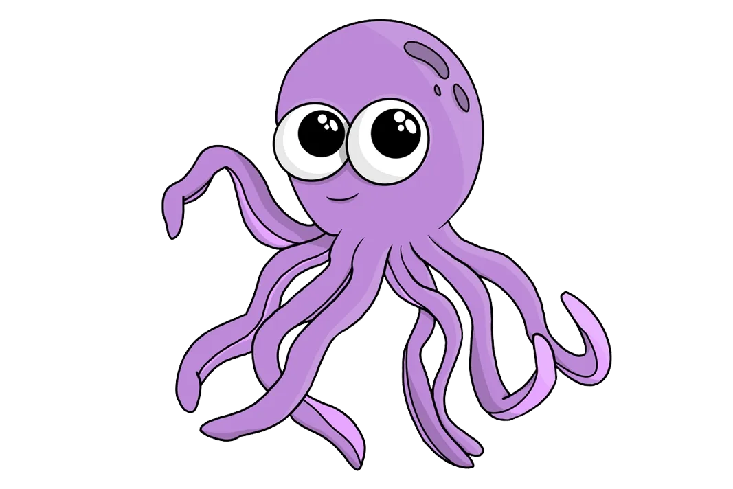 Purple cartoon octopus with big eyes and curled tentacles on a white background