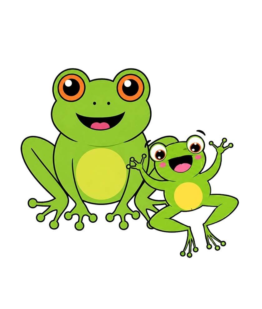 Two smiling green cartoon frogs, one large and one small, with orange eyes and yellow bellies.