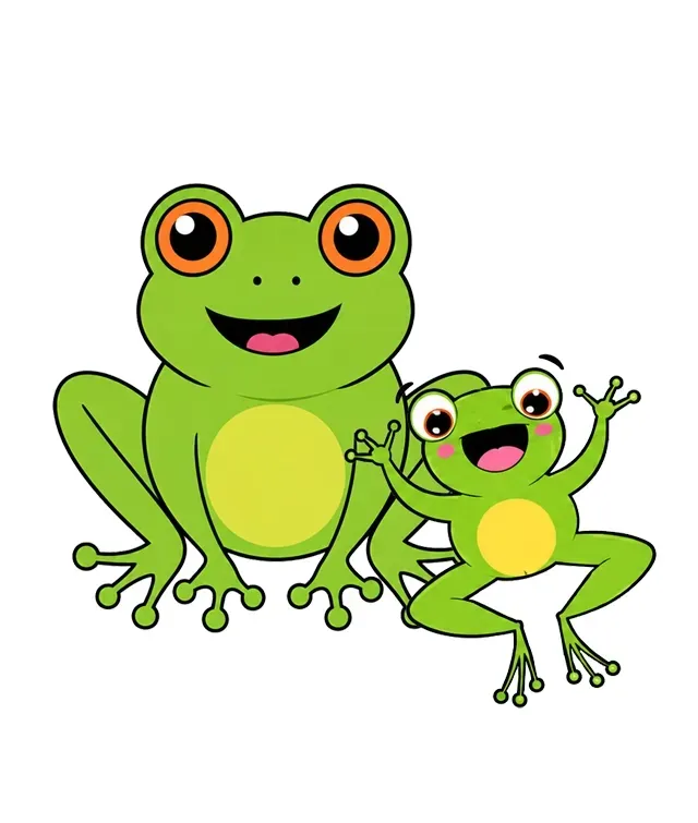 Two smiling green cartoon frogs, one large and one small, with orange eyes and yellow bellies.