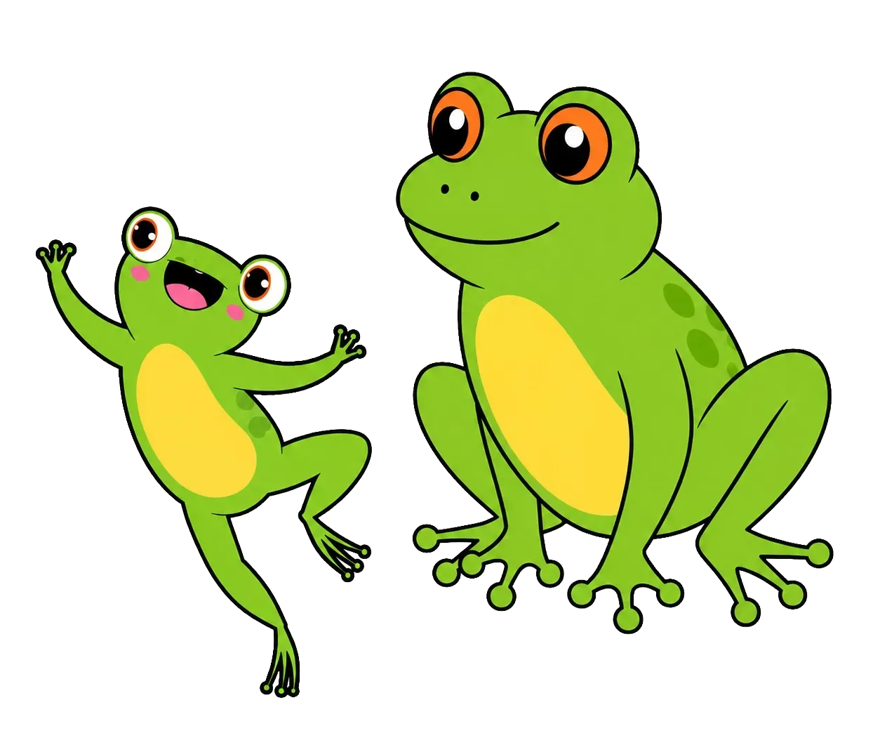 Two cartoon green frogs, one jumping and one sitting, with yellow bellies and big eyes.