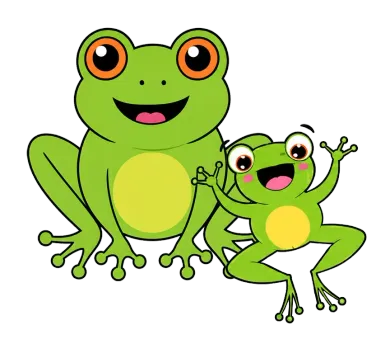 Two smiling green cartoon frogs, one large and one small, with orange eyes on a white background